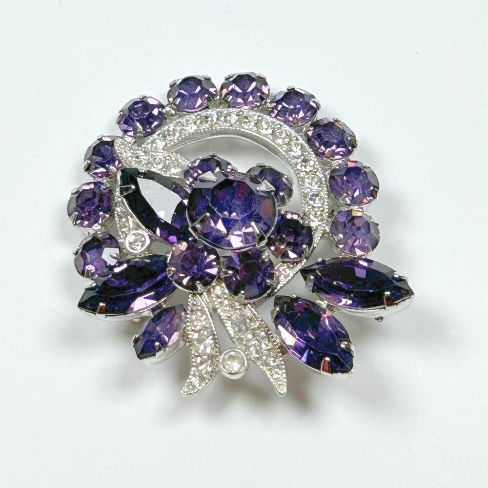 Eisenberg Ice Purple Rhinestone Wreath Brooch Rhodium Pin Vintage Mid Century